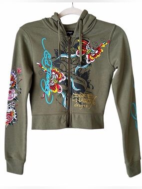 Ed Hardy | Hooded Cropped Sweatshirt Butterflies Full Zip Y2K Olive Green Small
